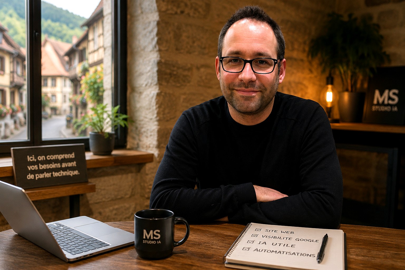 Sylvain Mas devant la Tour des Bouchers à Ribeauvillé